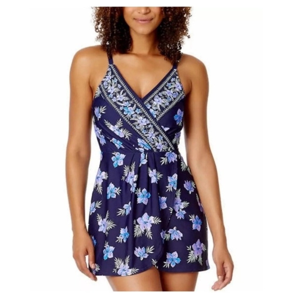 Lands End Faux Wrap 1-pc Swim Dress Navy Purple Floral XL New 1748798